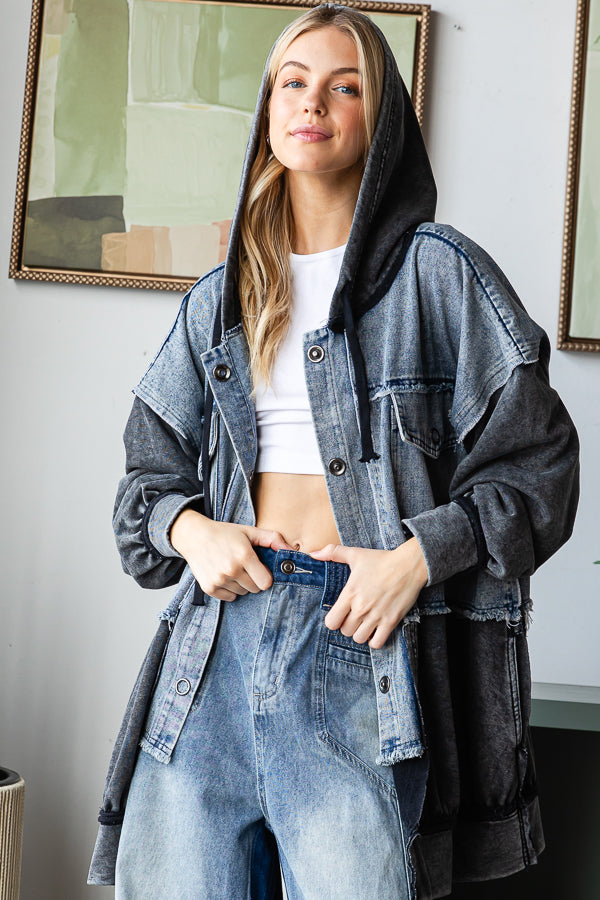 WASHED COLORBLOCK HOODED BUTTON DOWN JACKET