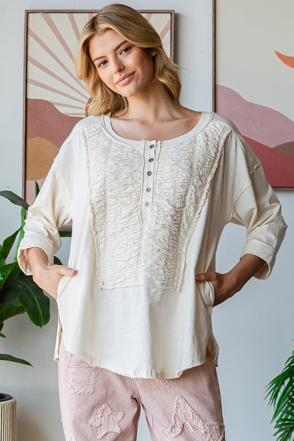 SMOCKED FRONT HENLEY NECK OVERSIZED TOP