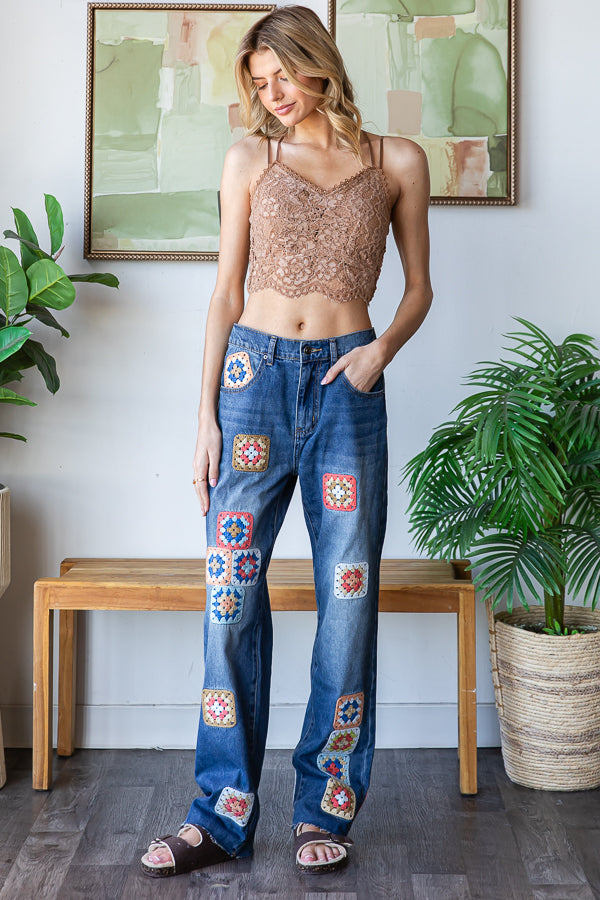 WASHED SQUARE CROCHET PATCHWORK DENIM JEANS