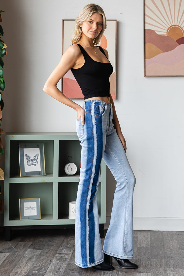 WASHED TWO TONE FLARE DENIM JEANS