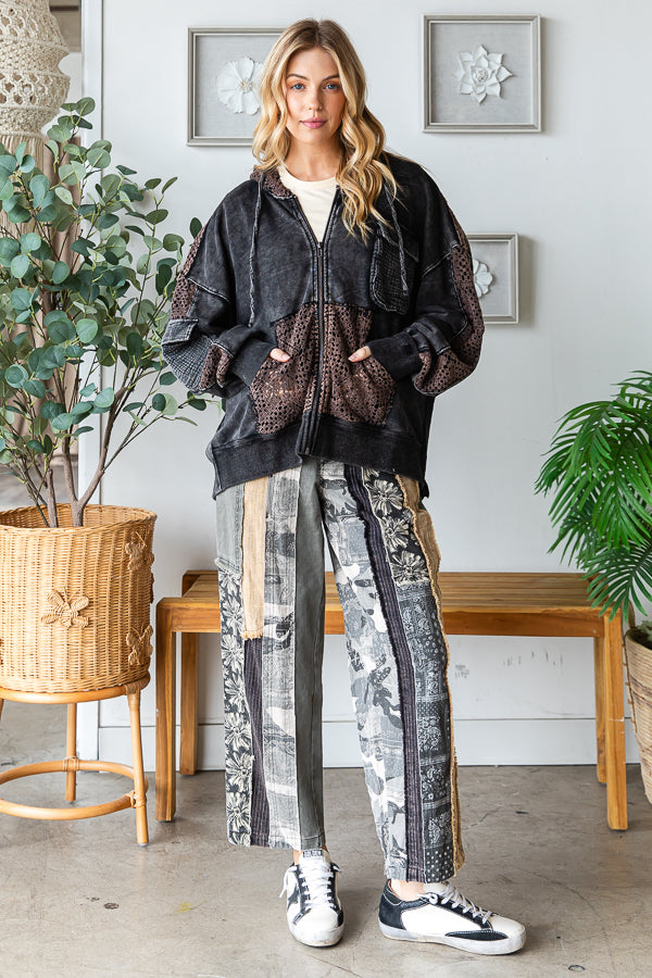 WASHED BACK TWIST DETAIL HOODED ZIP UP JACKET