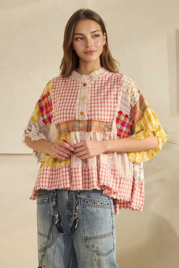 WASHED RUFFLE HEM MIXED PLAID TOP