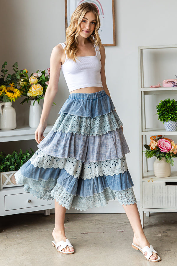 WASHED MIX MEDIA TIERED WIDE LEG CROPPED PANTS