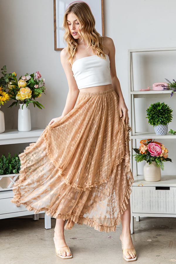 LAYERED IRREGULAR LACE FLARE MIDI SKIRT