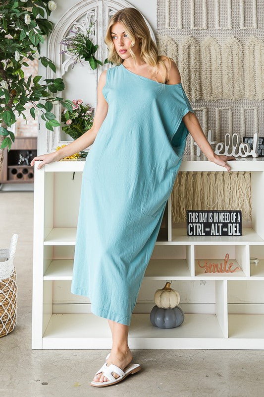 WASHED COTTON SLEEVELESS OVERSIZED MIDI DRESS