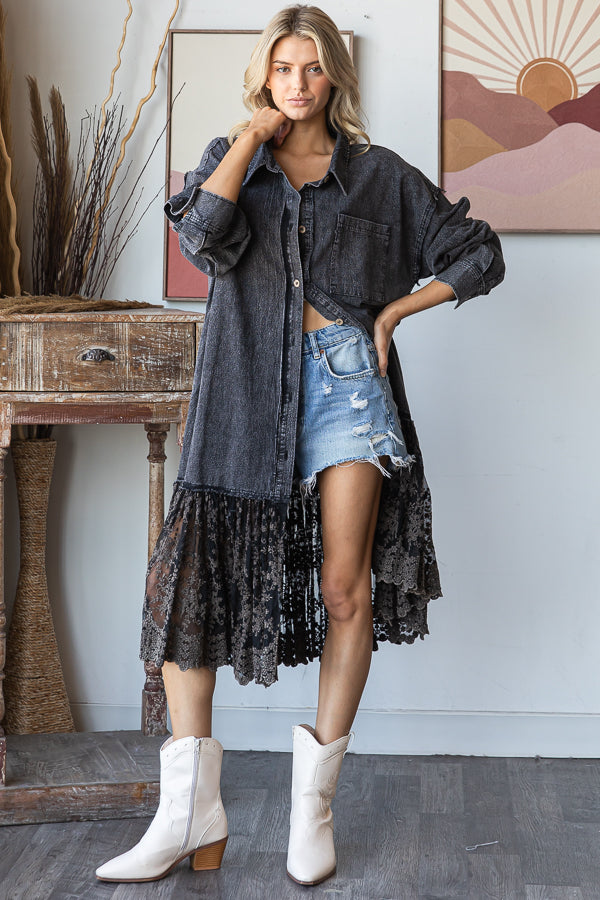 WASHED FLARE RUFFLE LACE HEM MIDI SHIRT DRESS