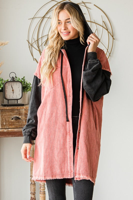 HOODED BUTTON DOWN CORDUROY JACKET