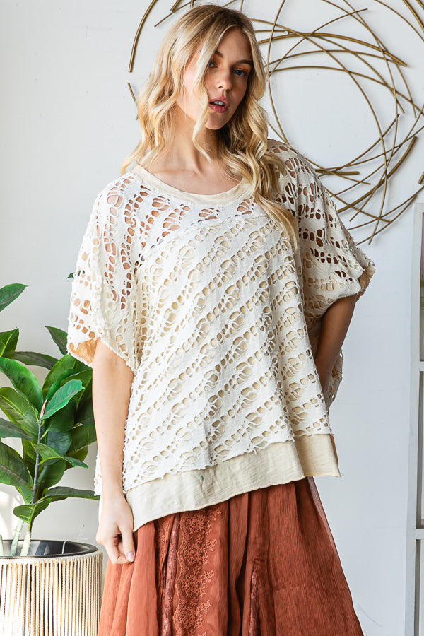 WASHED CROCHET LAYERED KNIT TOP