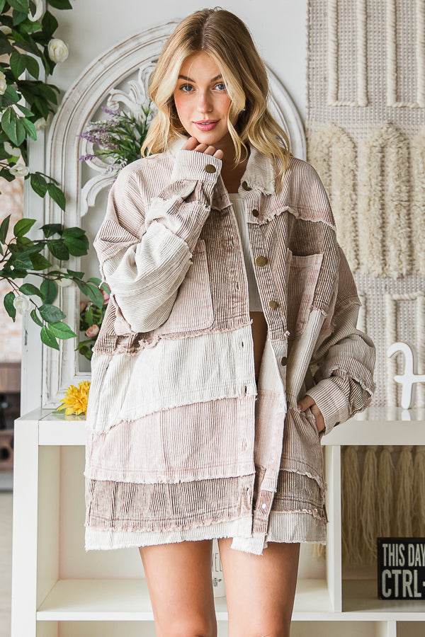 MINERAL WASHED CORDUROY COLORBLOCK SHACKET