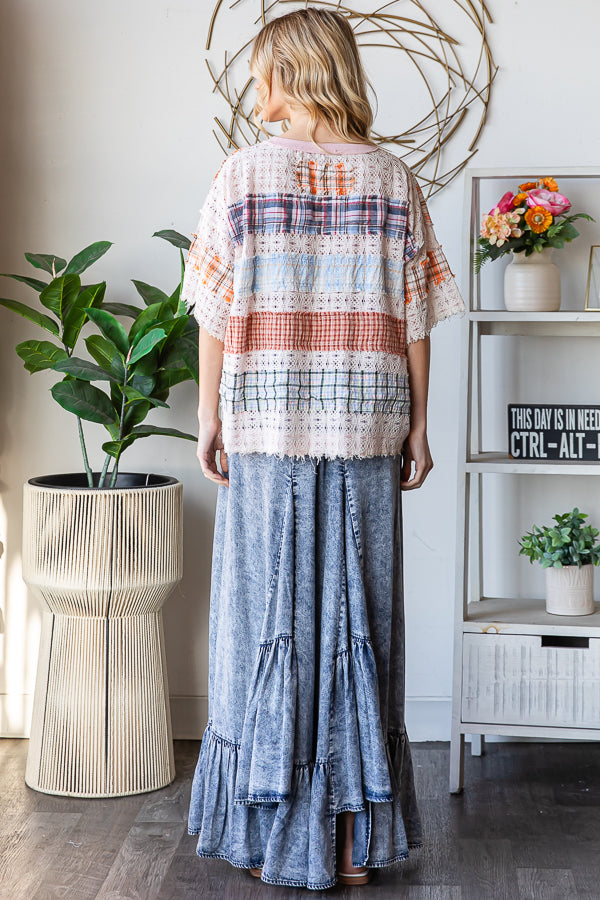 WASHED LACE INSERT PLAID MIX KNIT TOP