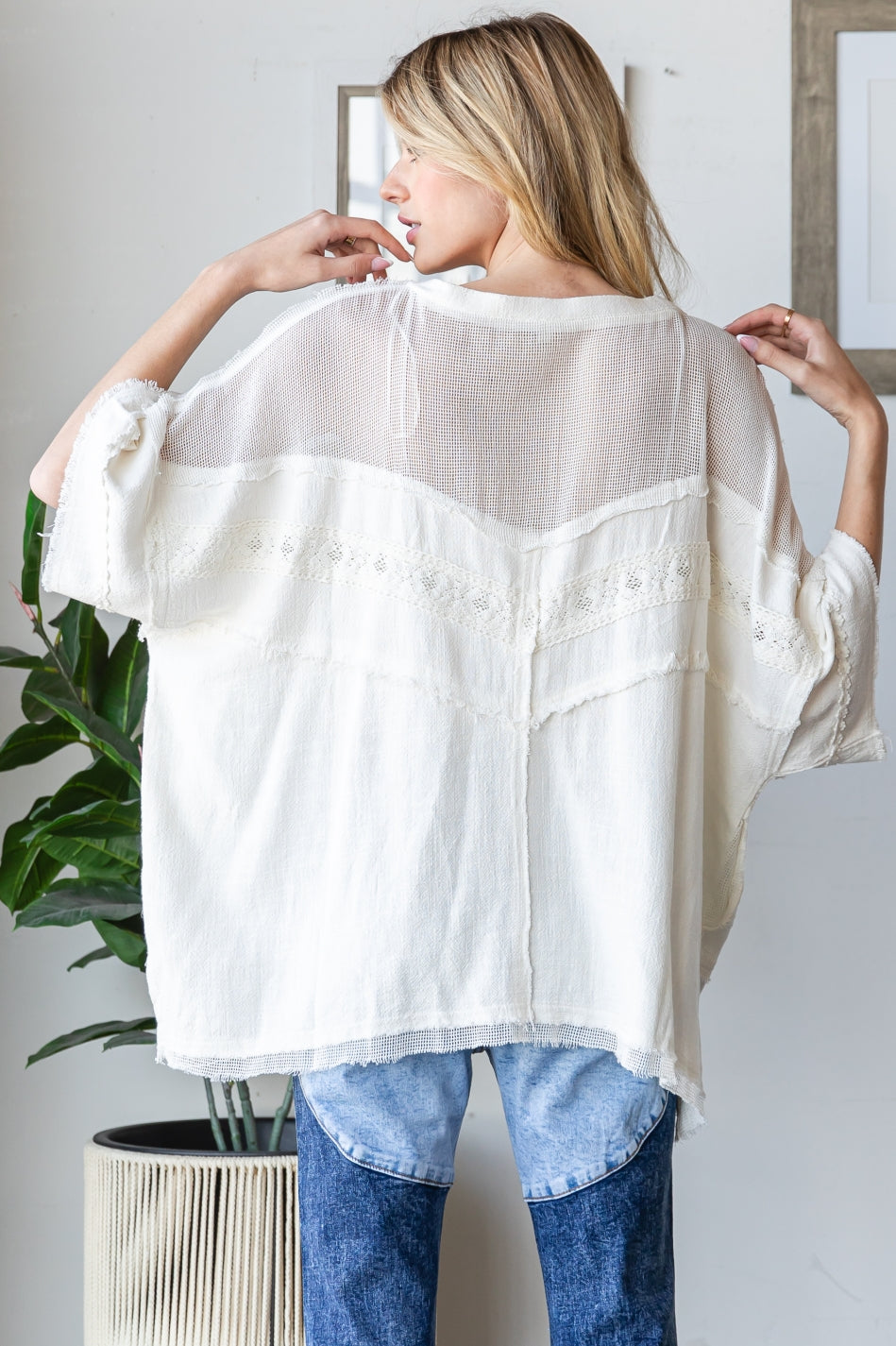 WASHED MIX MEDIA V NECK CASUAL TOP