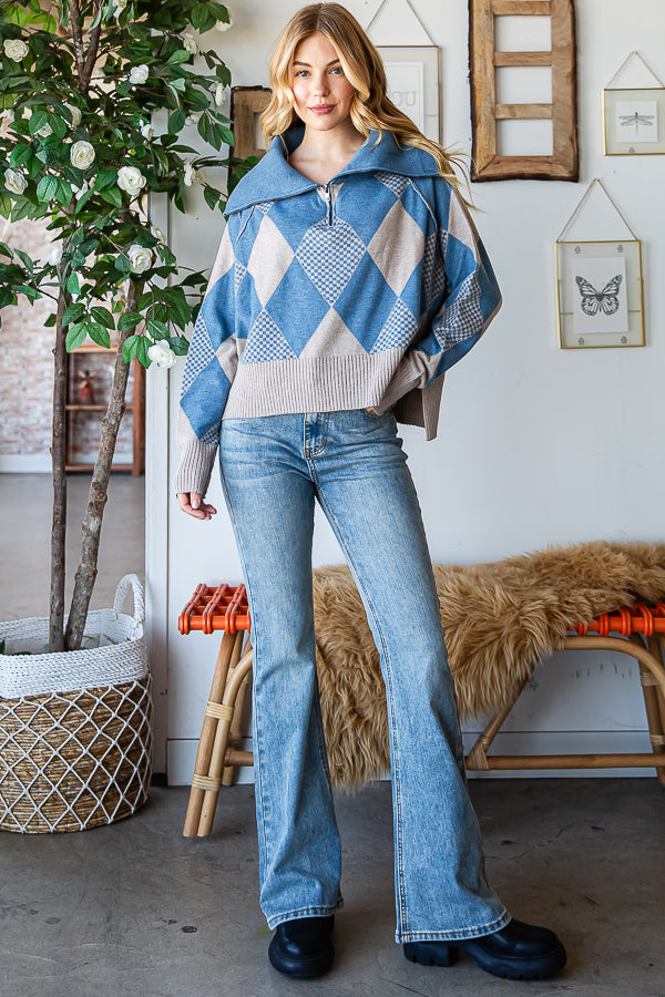 TWO TONE ARGYLE HALF ZIP UP PULLOVER SWEATER TOP