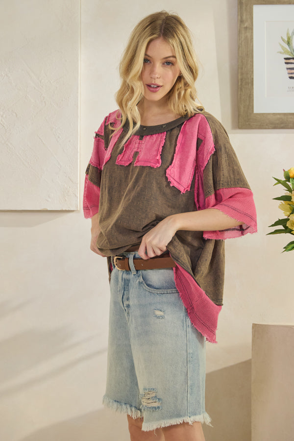 WASHED STAR PATCHWORK FINSH NET CONTRAST KNIT TOP