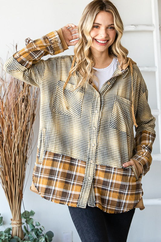 WASHED PLAID MIXED HOODED BUTTON FRONT SHACKET