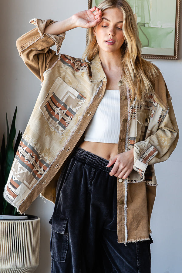 MIXED AZTEC PRINTED BUTTON DOWN SHACKET