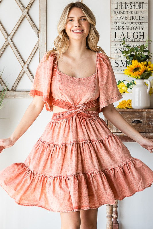 WASHED CROSS CUTOUT TIERED MINI DRESS