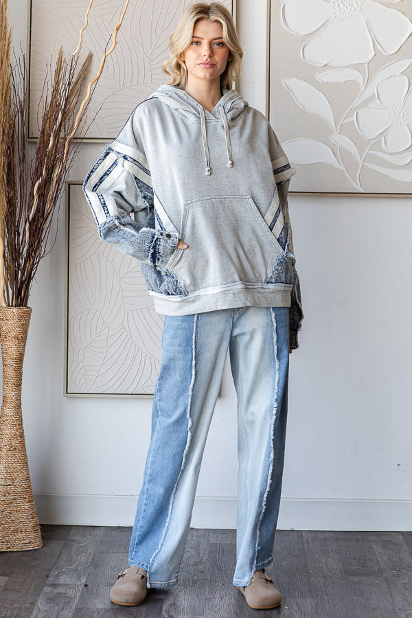 WASHED MIXED DENIM HOODED PULLOVER TOP