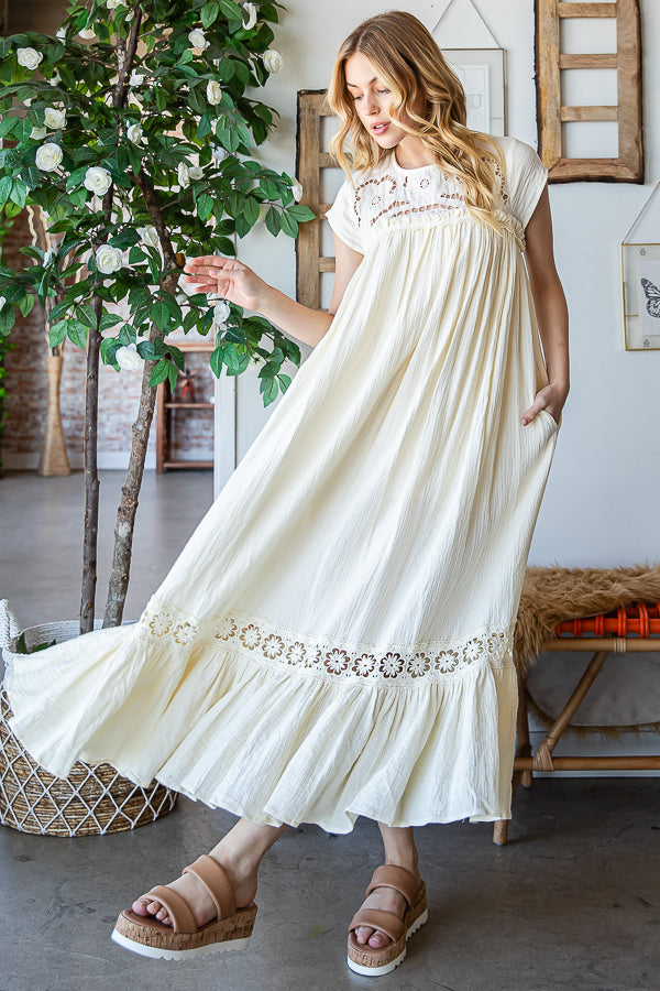 CROCHET YOKE RUFFLE FLARE HEM GAUZE MAXI DRESS