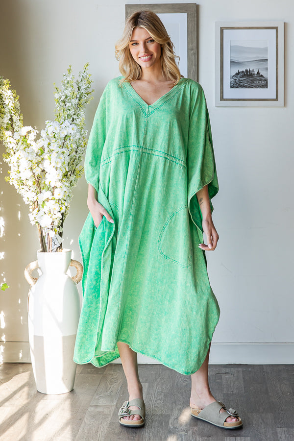 WASHED V NECK RUCHED WAIST COLD SHOULDER MAXI TOP