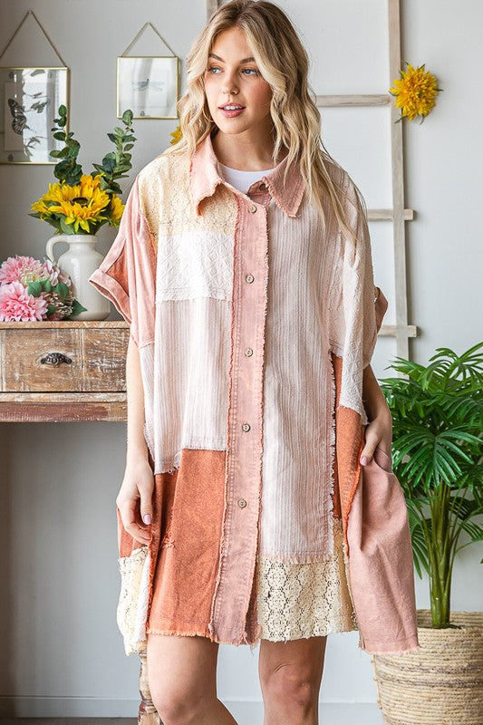 MIX MEDIA MINERAL WASHED SHORT SLEEVE SHIRT DRESS