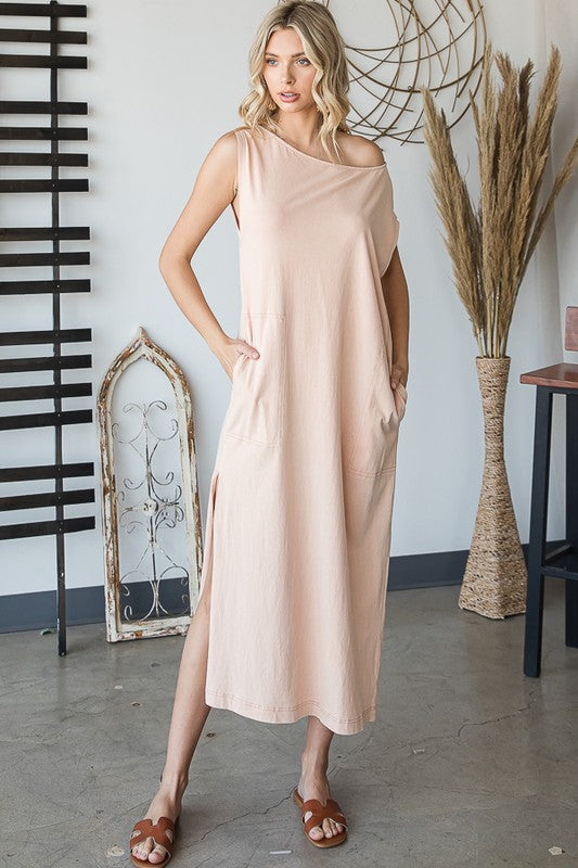 WASHED COTTON SLEEVELESS OVERSIZED MIDI DRESS