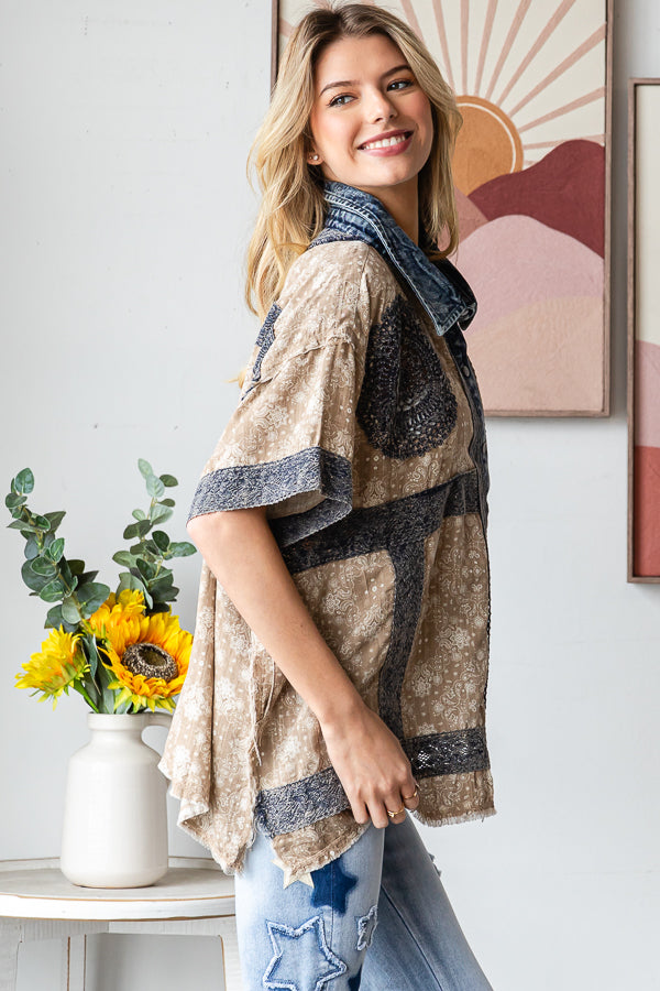 WASHED CROCHET PATCHWORK BUTTON DOWN SHIRT