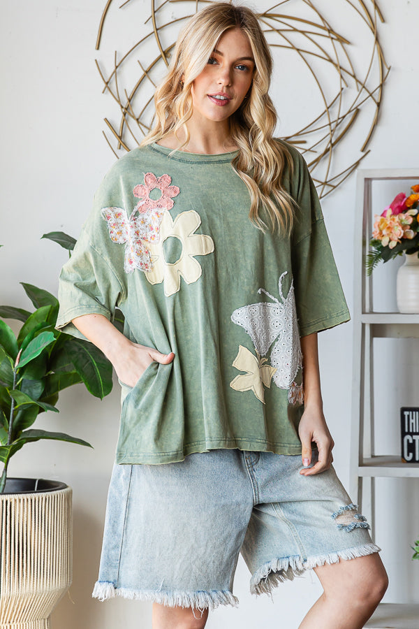 WASHED FLOWER BUTTERFLY PATCHWORK SHORT SLEEVE TOP