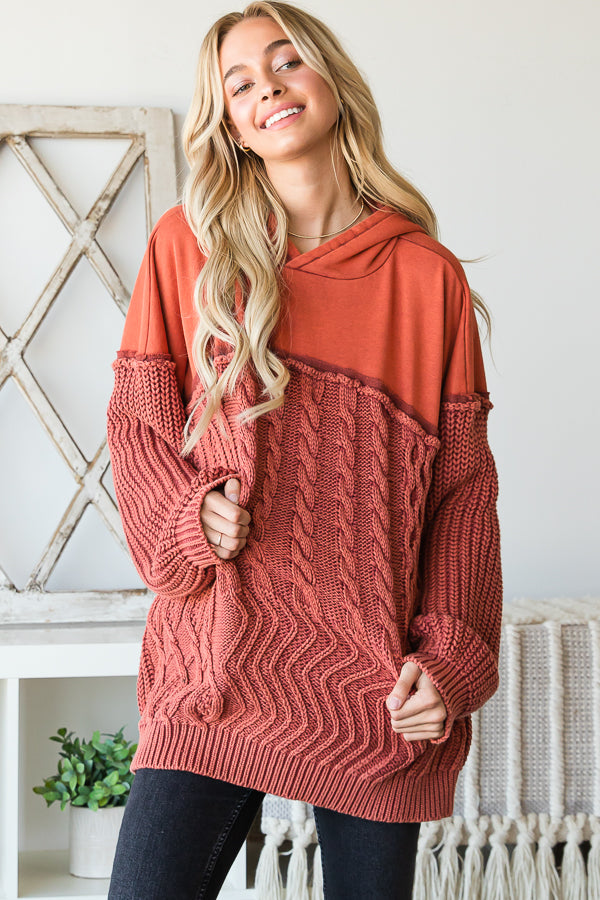 WASHED CONTRAST YOKE HOODED PULLOVER SWEATER TOP