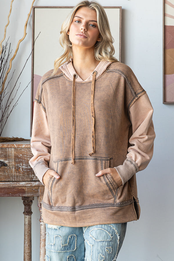 WASHED DRAWSTRING HOODED PULLOVER TOP