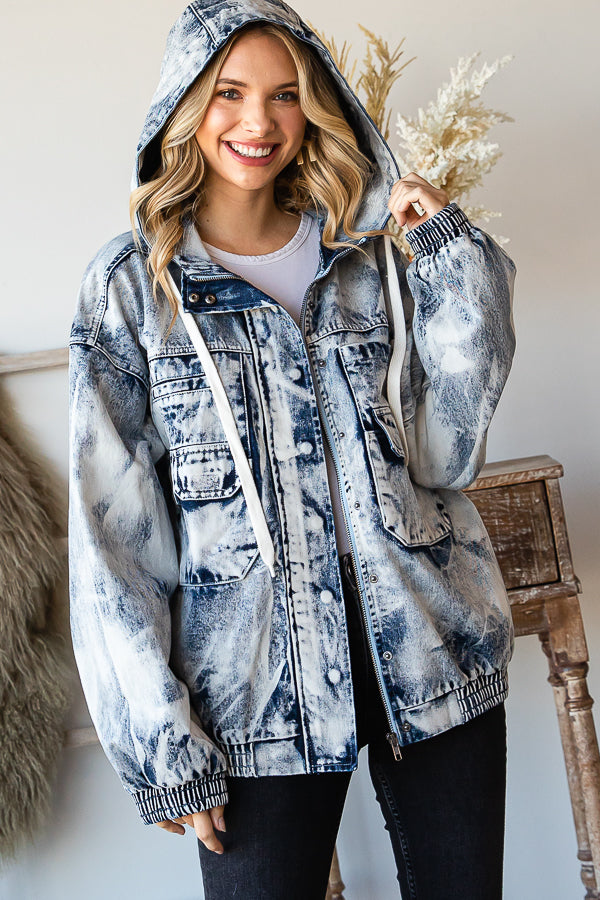 ACID WASHED HOODED DENIM ULITITY JACKET