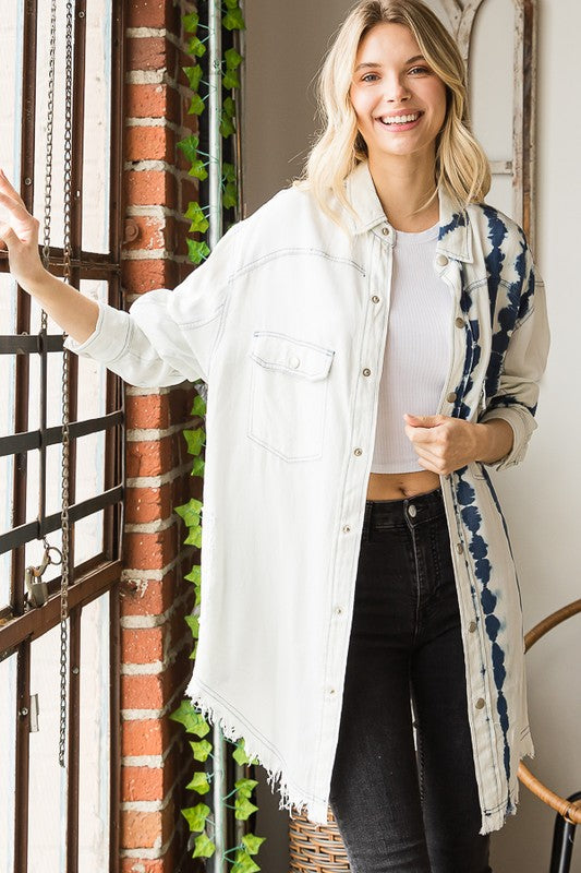 WASHED RAW HEM LONG SLEEVE BUTTON FRONT SHACKET