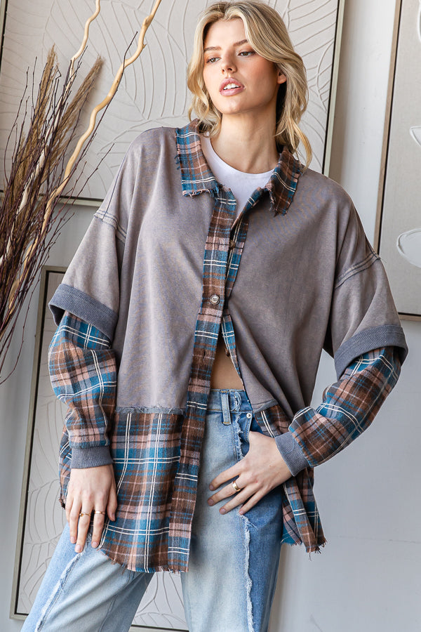WASHED PLAID CONTRAST MIX MEDIA SHIRT