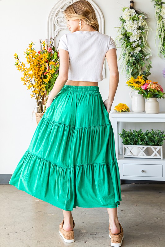 MINERAL WASHED ELASTIC WAIST TIERED WID LEG PANTS