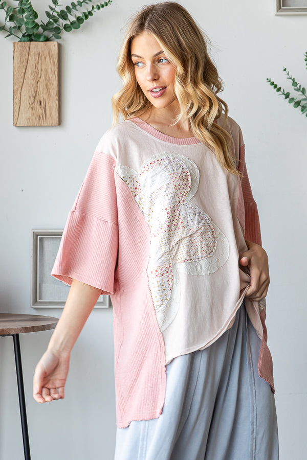 WASHED FLOWER PATCHWORK SHORT SLEEVE TOP