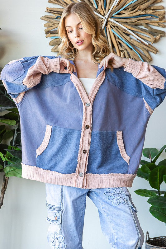 WASHED COLORBLOCK MIX MEDIA HOODED CARDIGAN