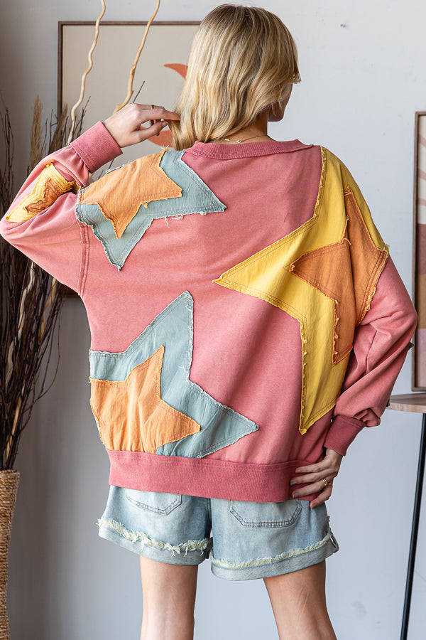 MINERAL WASHED STAR PATCHWORK PULLOVER TOP