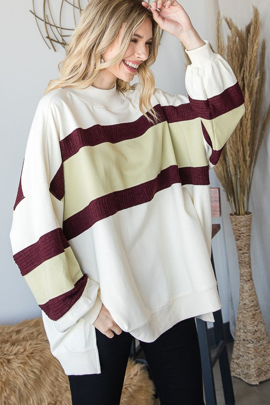 COLORBLOCK FUNNEL NECK LONG SLEEVE PULLOVER TOP