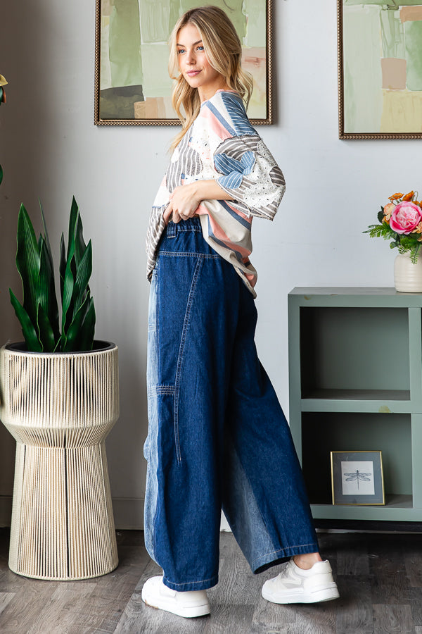 MINERAL WASHED COLORBLOCK CROPPED DENIM JEAN