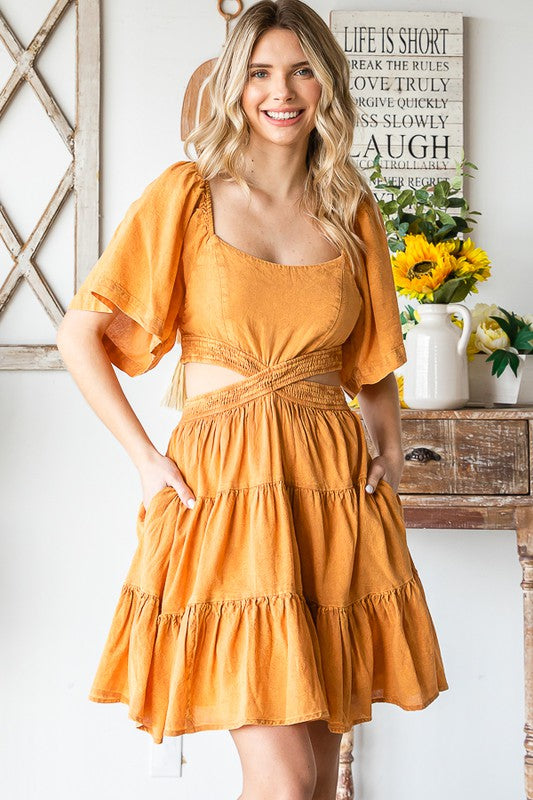 WASHED CROSS CUTOUT TIERED MINI DRESS