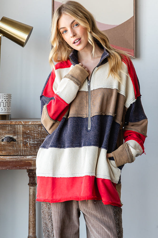 WASHED COLORBLOCK HALF ZIP PULLOVER TOP