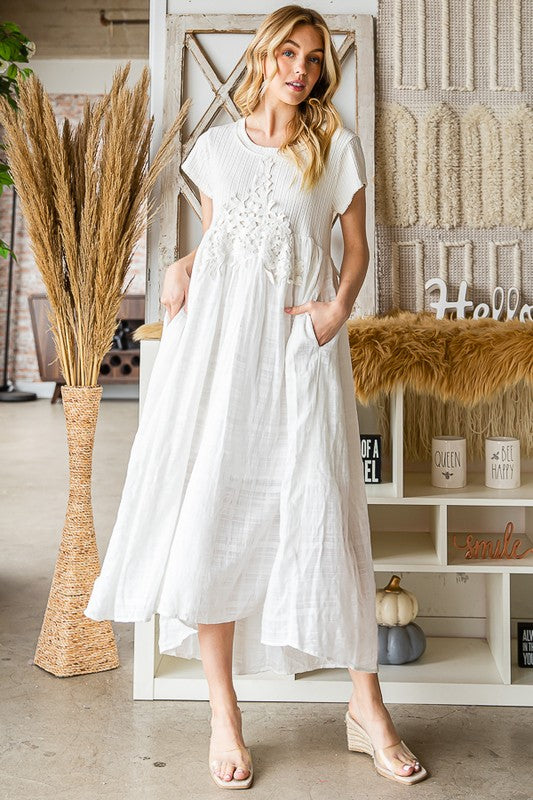 WASHED CROCHET TRIM FLARE HEM MIDI DRESS