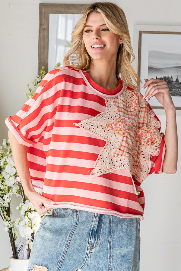 STAR PATCHWORK STRIPED SHORT SLEEVE TOP