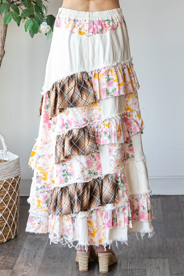 WASHED PLAID FLOWER PATCHWORK SLIT MAXI SKIRT