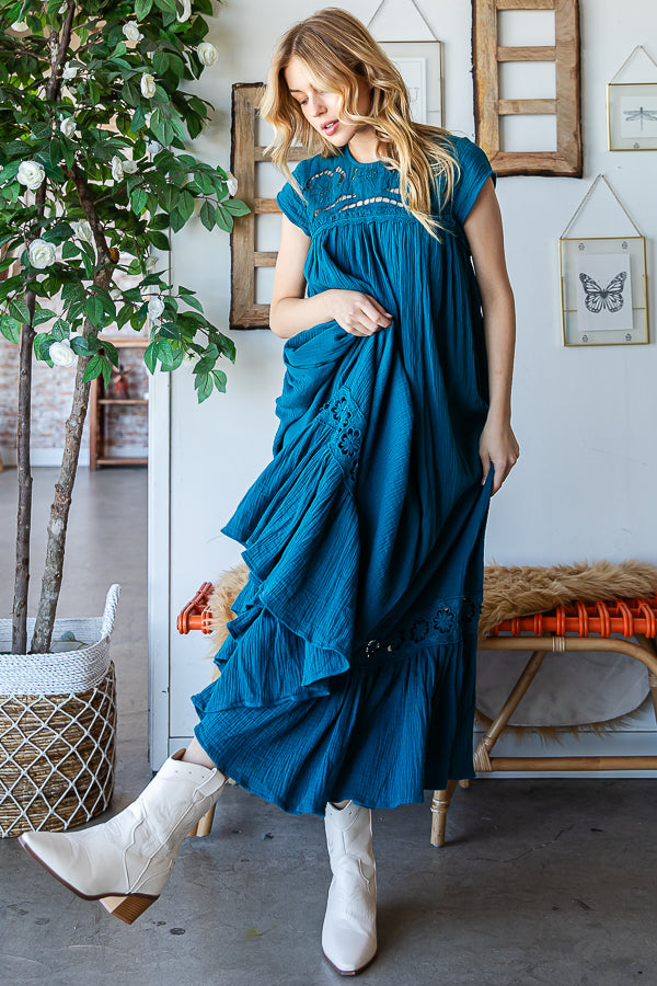 CROCHET YOKE RUFFLE FLARE HEM GAUZE MAXI DRESS
