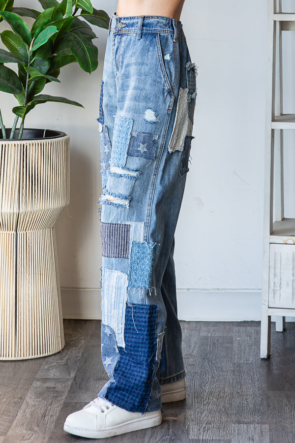 WASHED PATCHWORK DETAIL DENIM JEANS