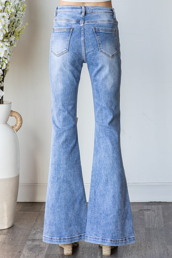 RIBBON DETAILED HIGH WAIST FLARE STRETCHY JEANS