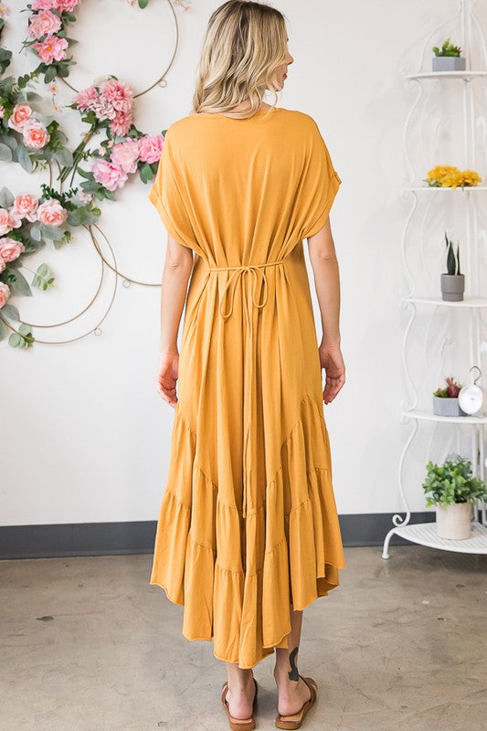 WASHED RUFFLE TIERED HEM SHORT SLEEVE MIDI DRESS