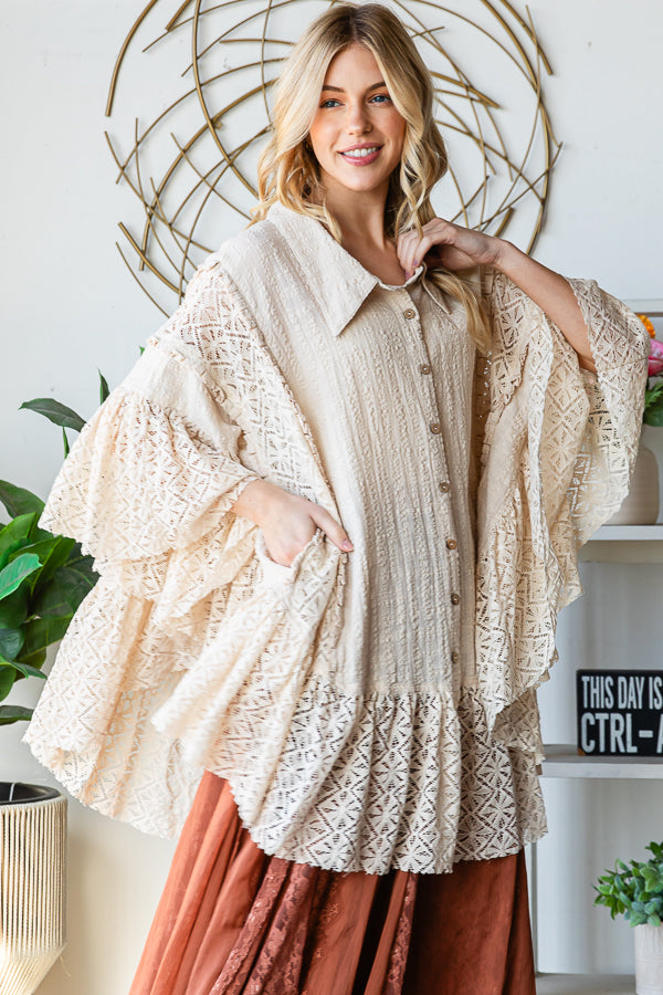 WASHED LACE RUFFLE HEM BUTTON FRONT SHIRT