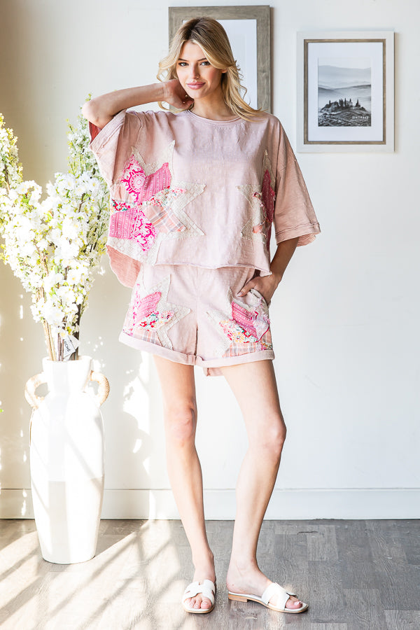 MULTI PRINT STAR PATCHWORK TOP SHORT TWO PIECE SET