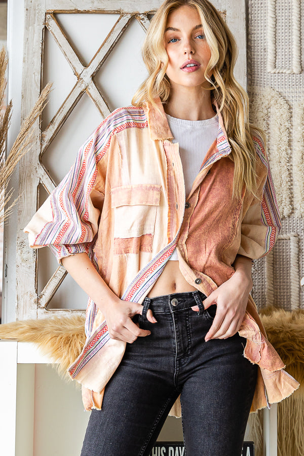 WASHED COLOBLOCK DETAIL FRONT POCKET SHIRT